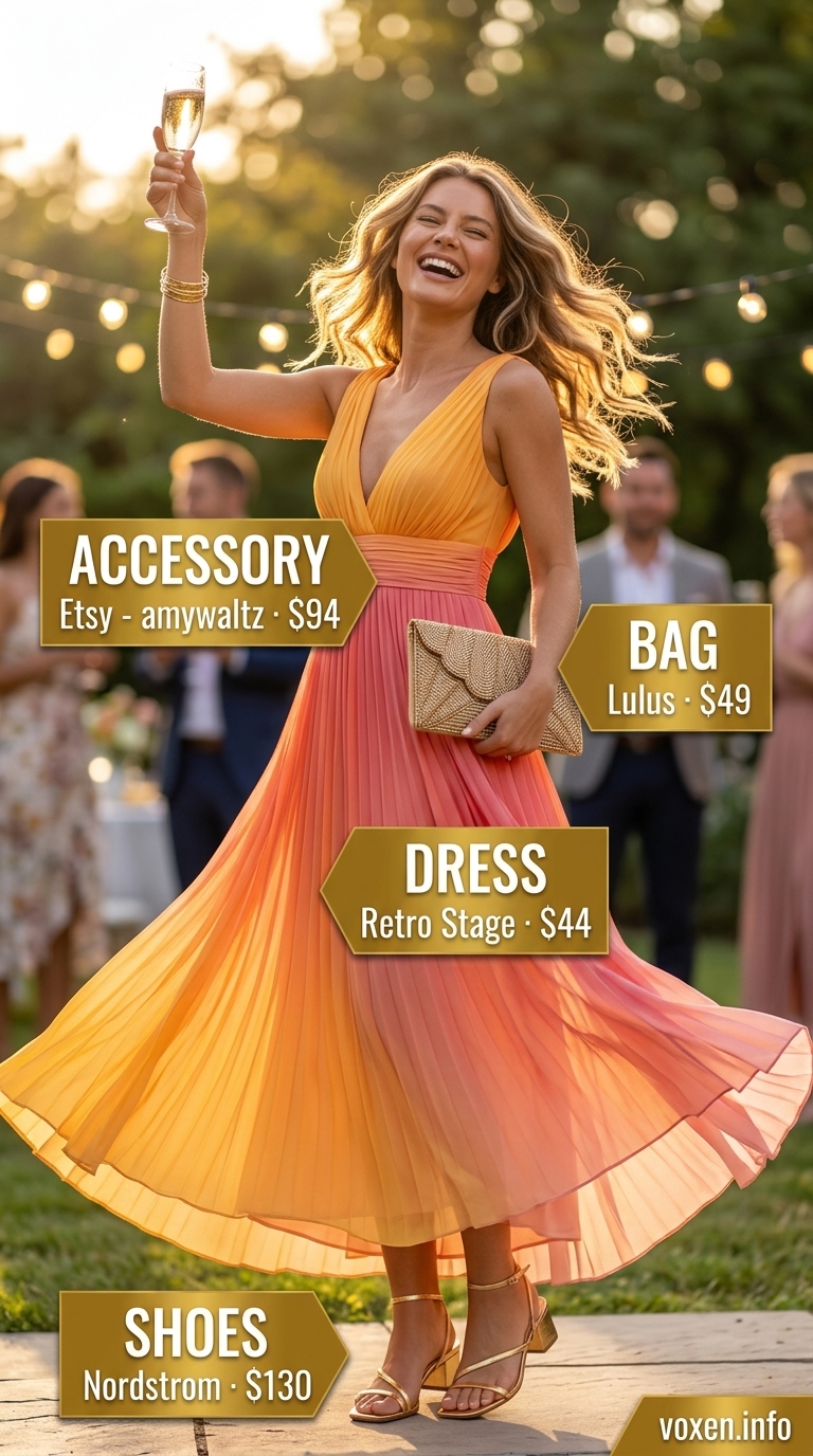 Sunset ombre maxi dress for a glamorous summer birthday outfit for women 2026 evening party.