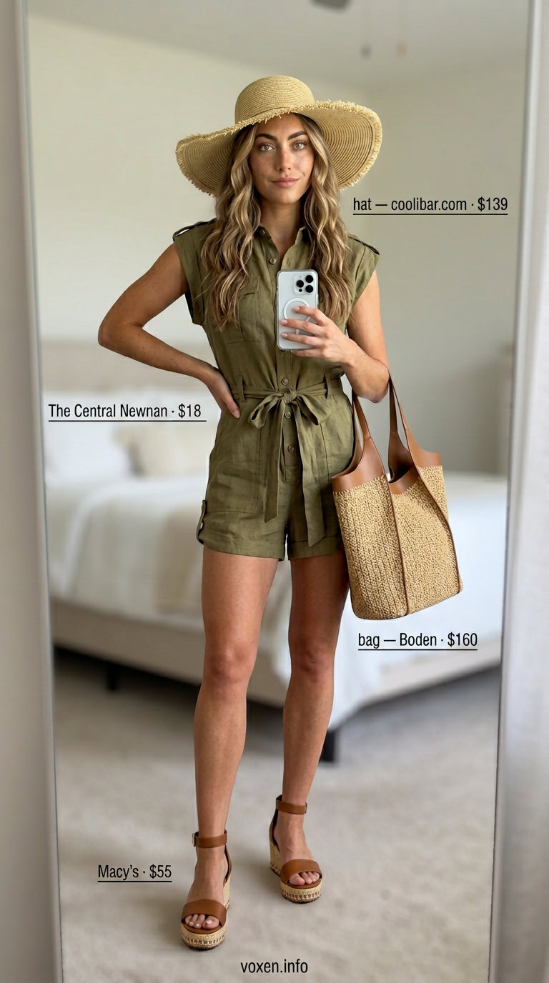 Summer birthday outfit for women 2026: Olive green linen romper, espadrilles, and straw hat for a casual event.