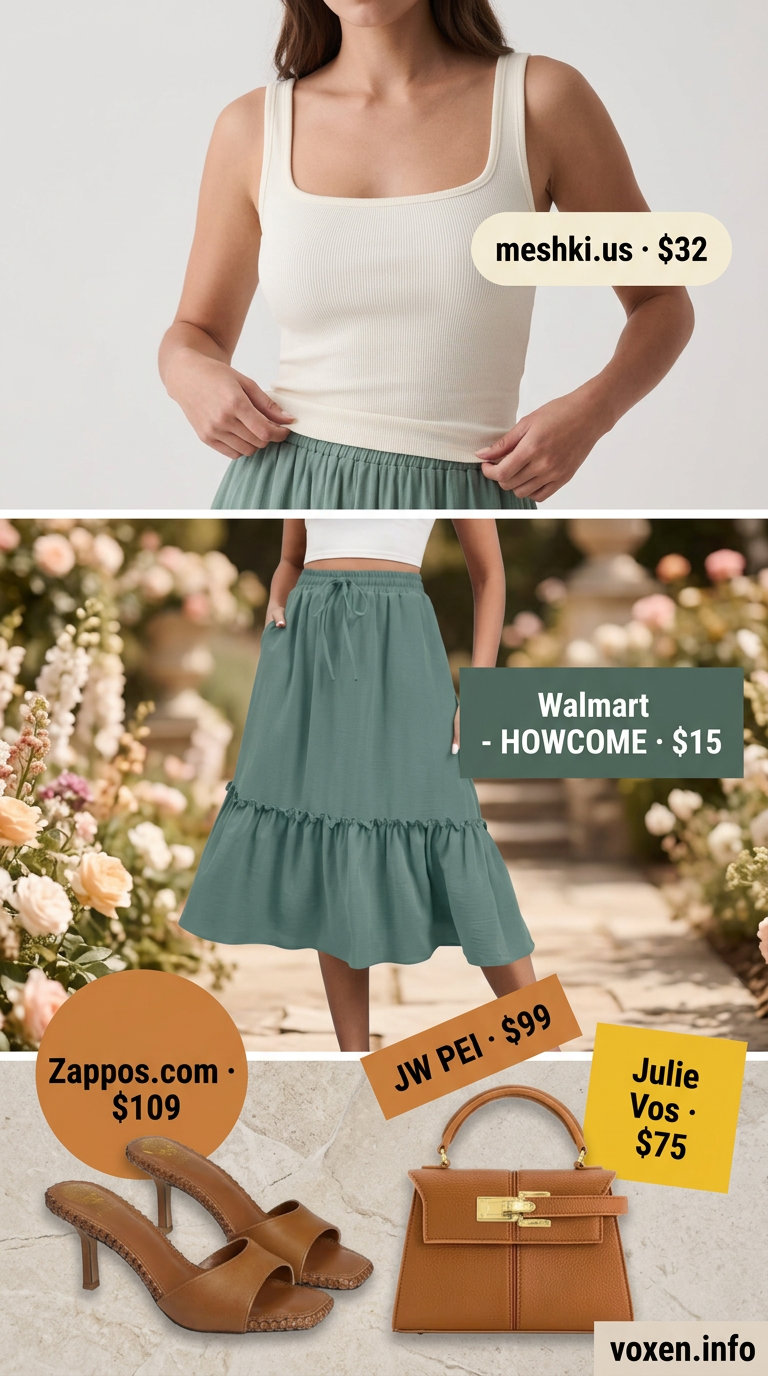 Sage green tiered midi skirt and cream top for an elegant summer birthday outfit for women 2026 garden party.