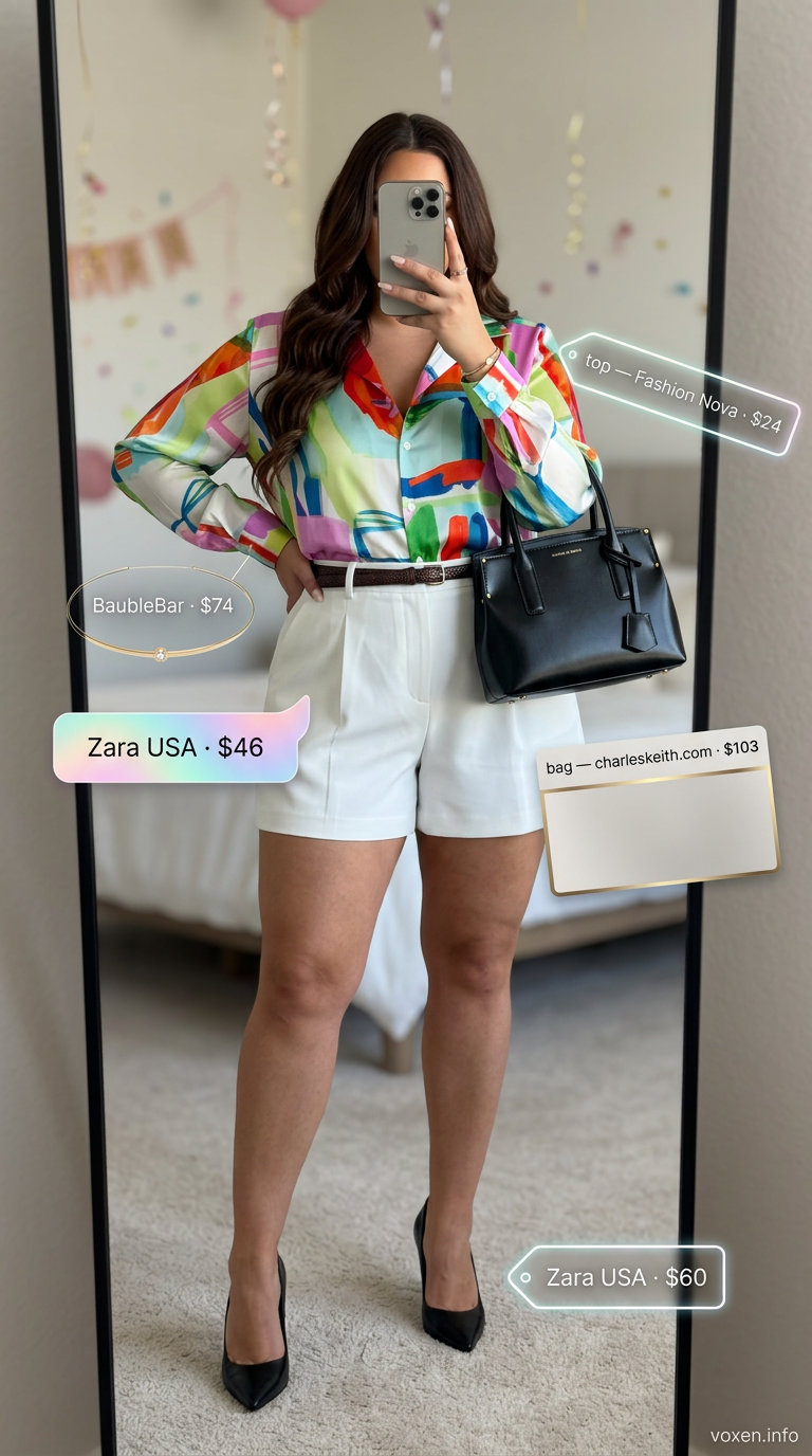 Summer birthday outfit for women 2026: Tailored shorts, printed blouse, and heels for a city night out.