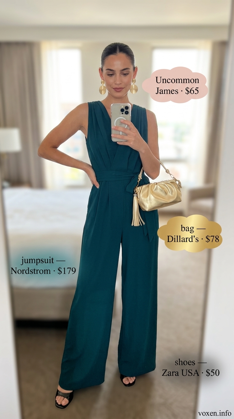 Deep teal wide-leg jumpsuit for a sophisticated summer birthday outfit for women 2026 party.