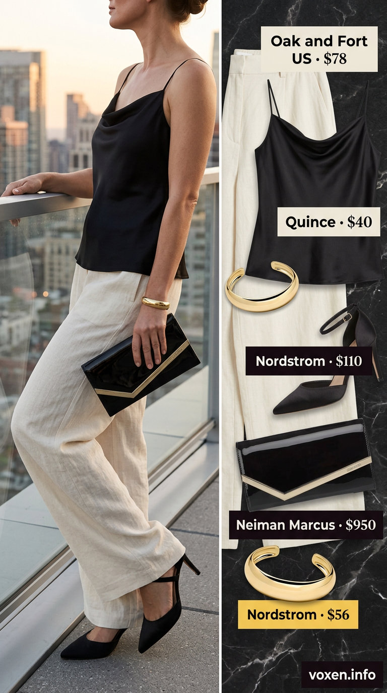 Cream wide-leg pants and black silk camisole for a sophisticated summer birthday outfit for women 2026 city celebration.