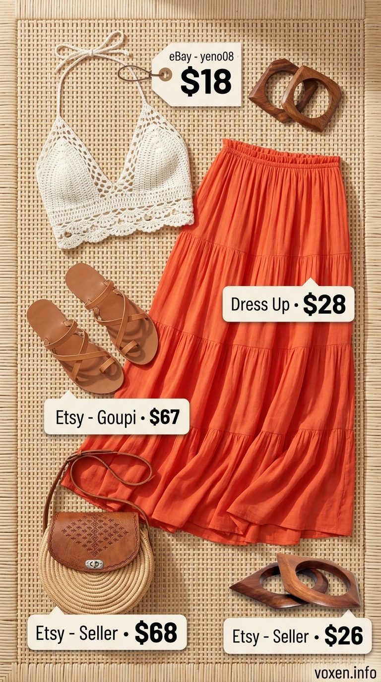 Bohemian maxi skirt and crochet top for a summer birthday outfit for women 2026.