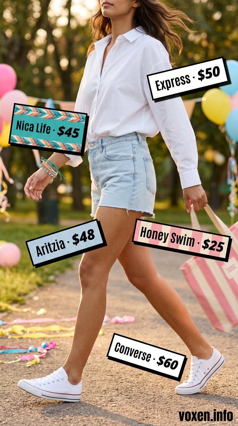 Casual denim shorts and white shirt for a summer birthday outfit for women 2026.