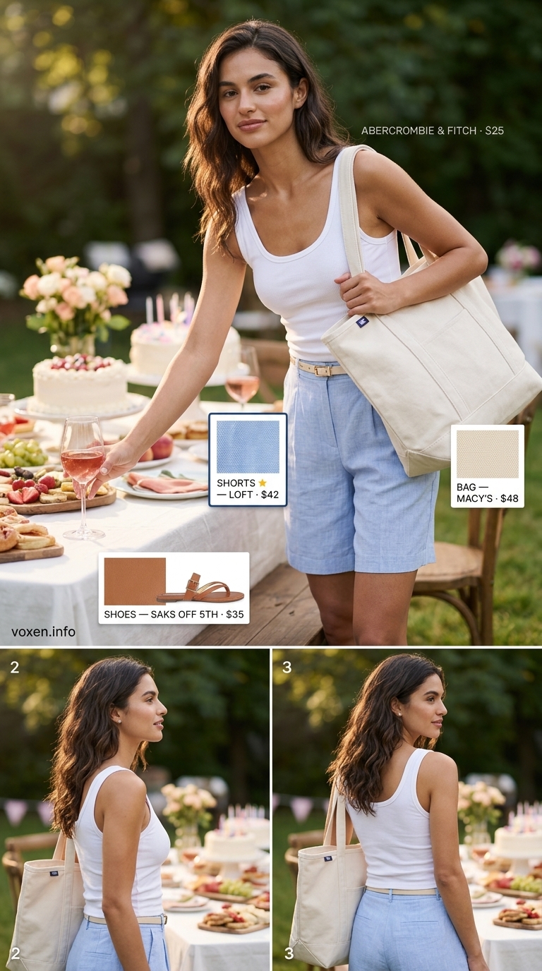 Light blue Bermuda shorts and white tank for a casual summer birthday outfit for women 2026.