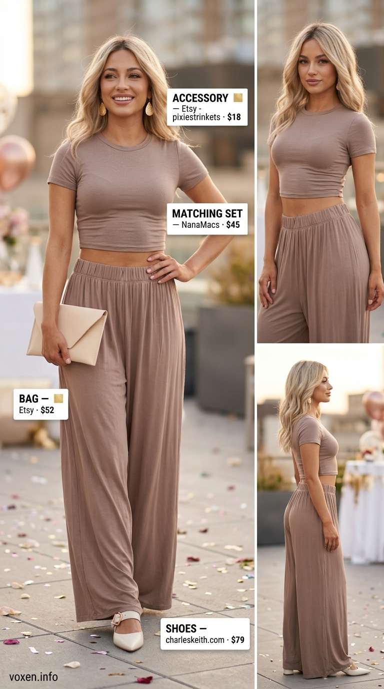 Taupe matching set with gold accessories for a modern summer birthday outfit for women 2026.