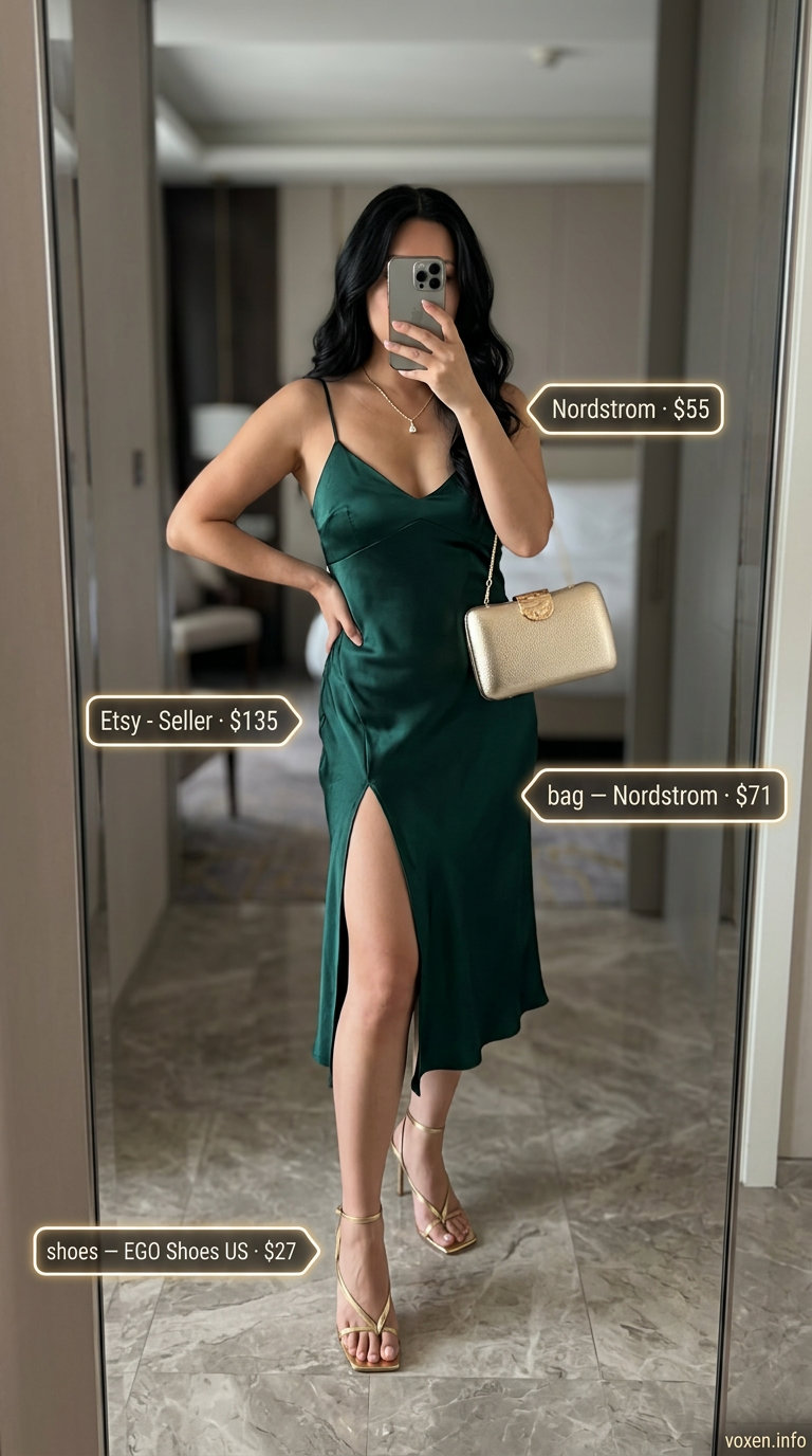 Emerald green slip dress with gold accessories for a summer birthday outfit for women 2026.