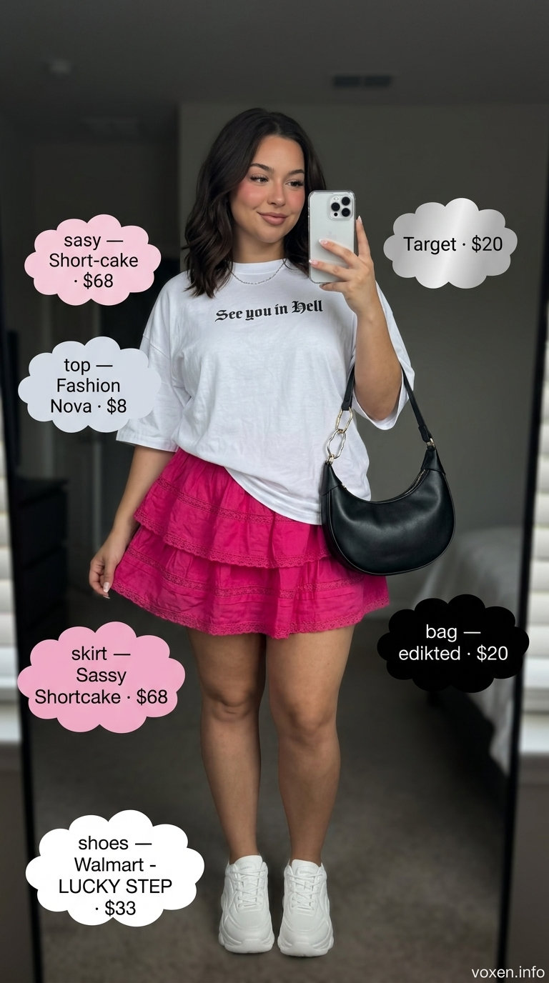 Pink mini skirt and graphic tee for a trendy summer birthday outfit for women 2026.