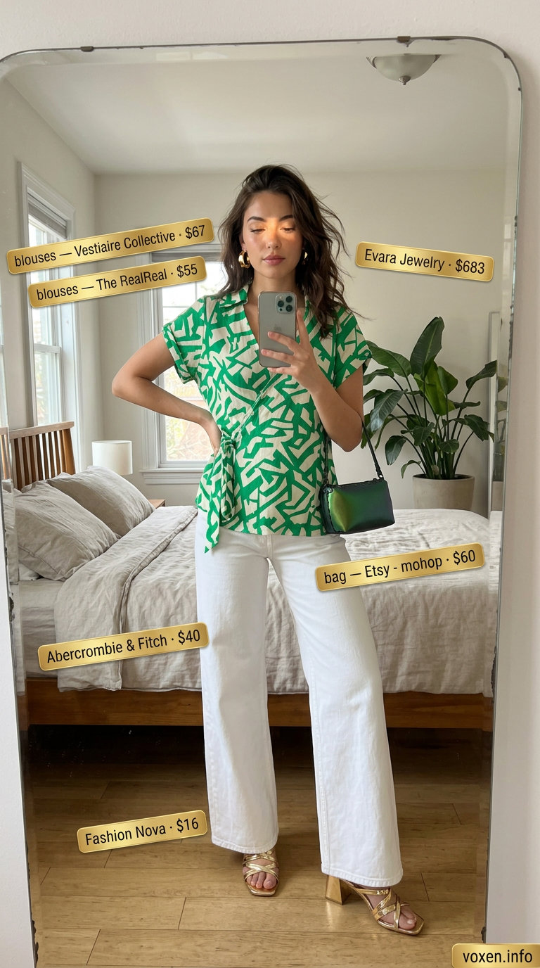 Emerald green abstract print blouse with white jeans for sophisticated summer outfits for women 2026.