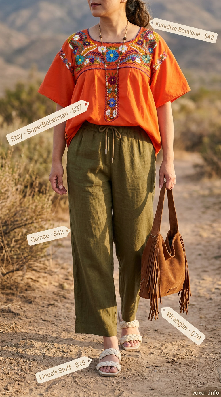 Terracotta embroidered peasant blouse with olive green pants for bohemian summer outfits for women 2026.