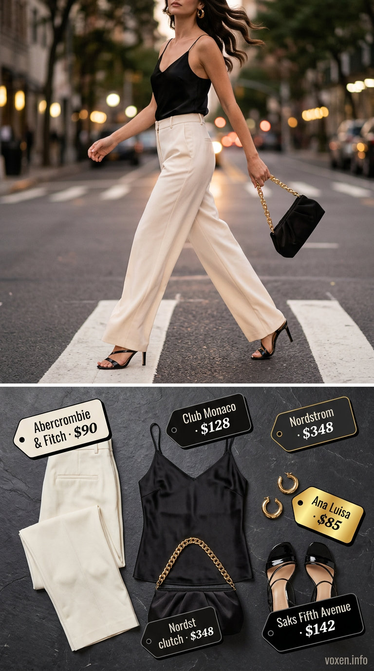 Chic summer blouses for women 2026: Black silk camisole with cream wide-leg trousers for date night.