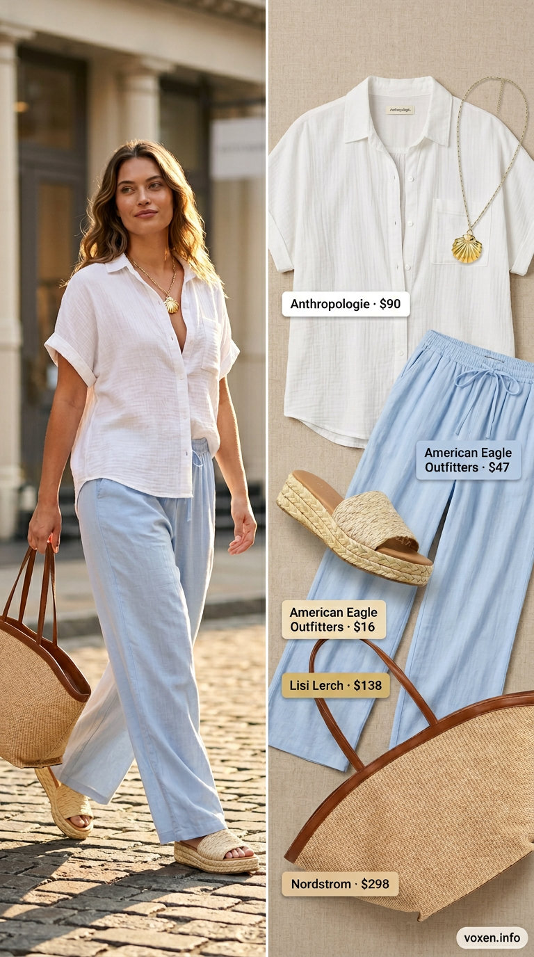Coastal morning breeze outfit: wide-leg trousers, espadrilles, raffia tote, and sky blue summer blouses for women 2026.