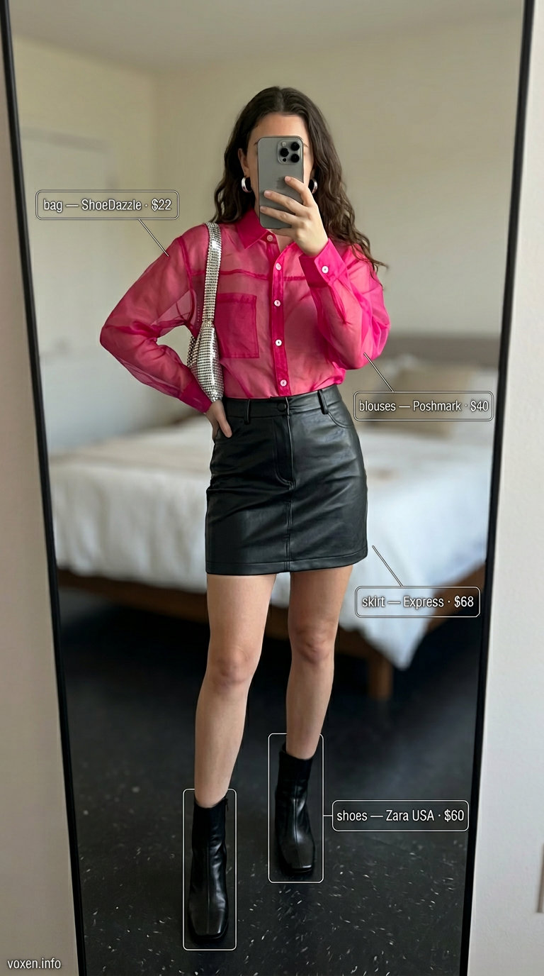 Fuchsia sheer blouse over black skirt for edgy summer outfits for women 2026.