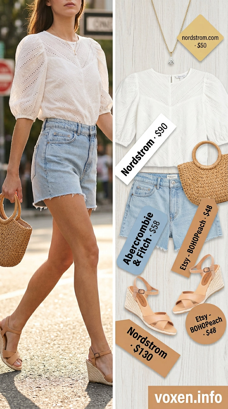 White eyelet puff-sleeve blouse with distressed denim shorts for weekend markets. Summer blouses for women 2026.