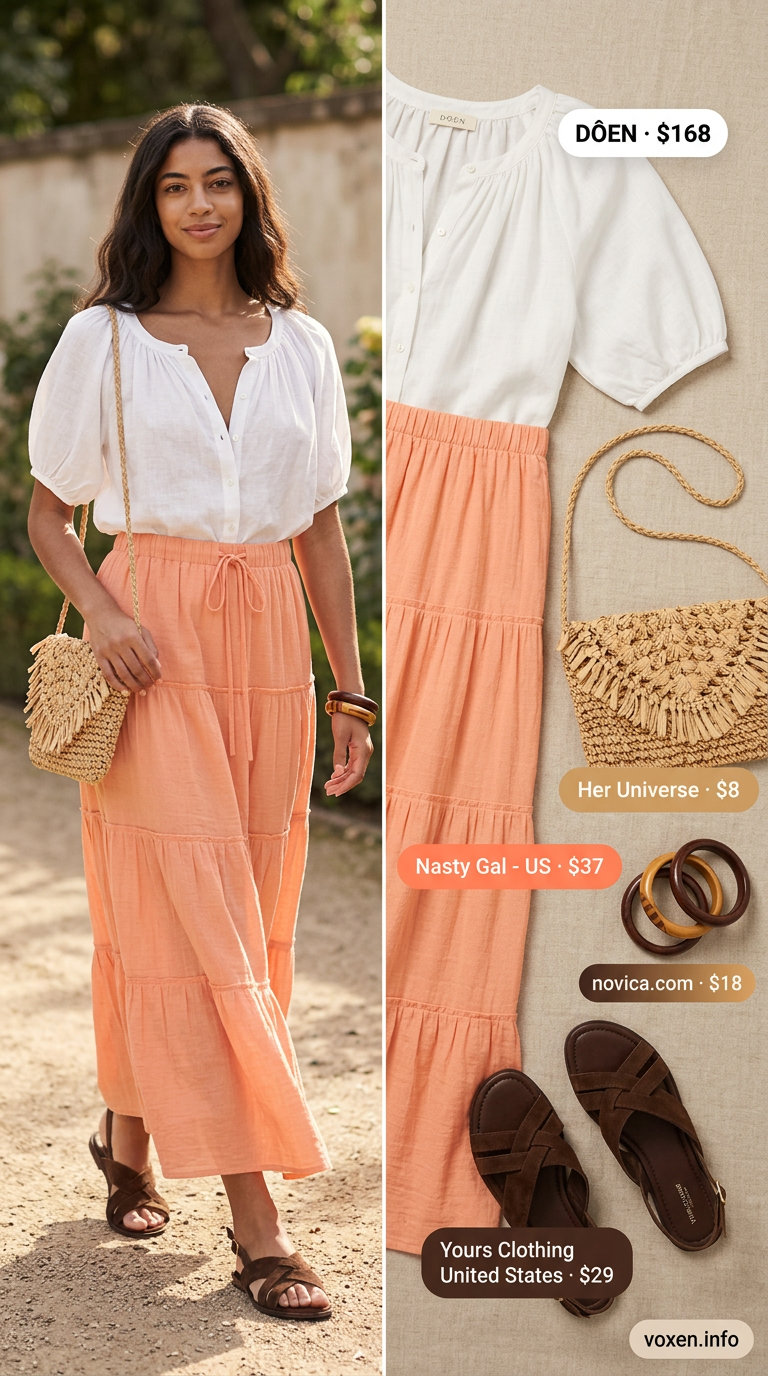 Bohemian garden party outfit: flowy maxi skirt, flat sandals, straw bag, and peach summer blouses for women 2026.