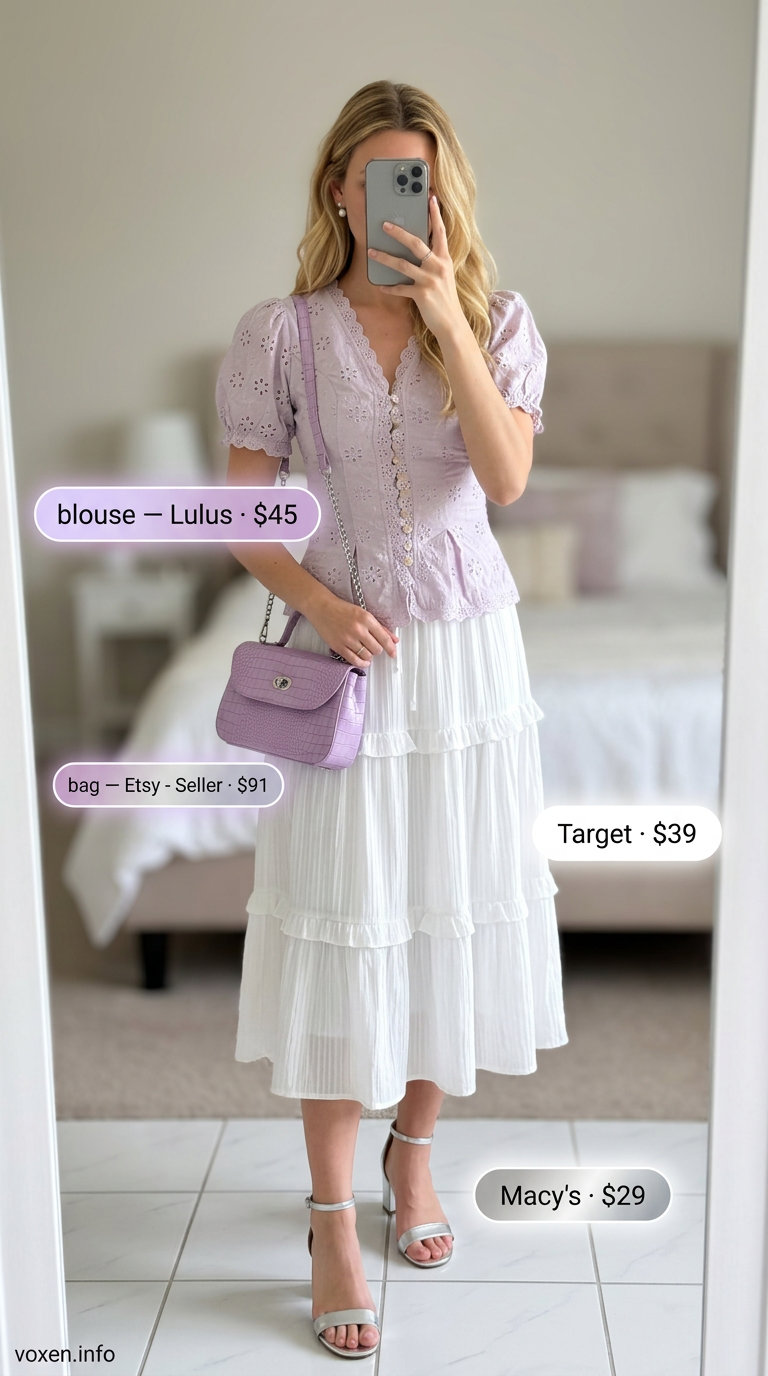 Lavender puff sleeve blouse with white midi skirt for garden party summer outfits for women 2026.