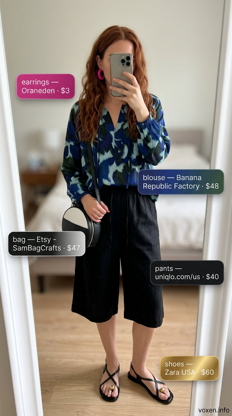 Eclectic market stroll outfit: wide-leg culottes, strappy sandals, bold earrings, and floral summer blouses for women 2026.