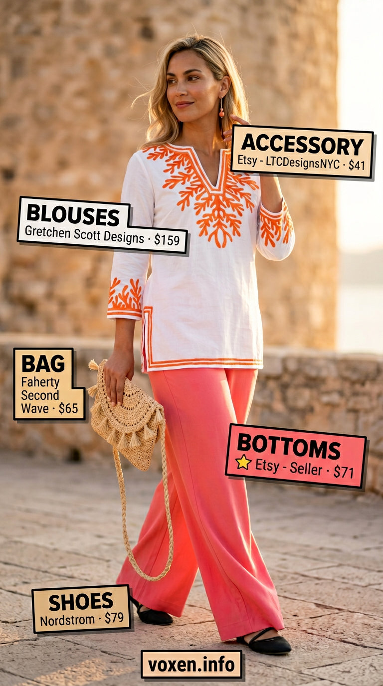 White linen tunic blouse with coral embroidery and coral wide-leg pants for resort dinners. Summer blouses for women 2026.