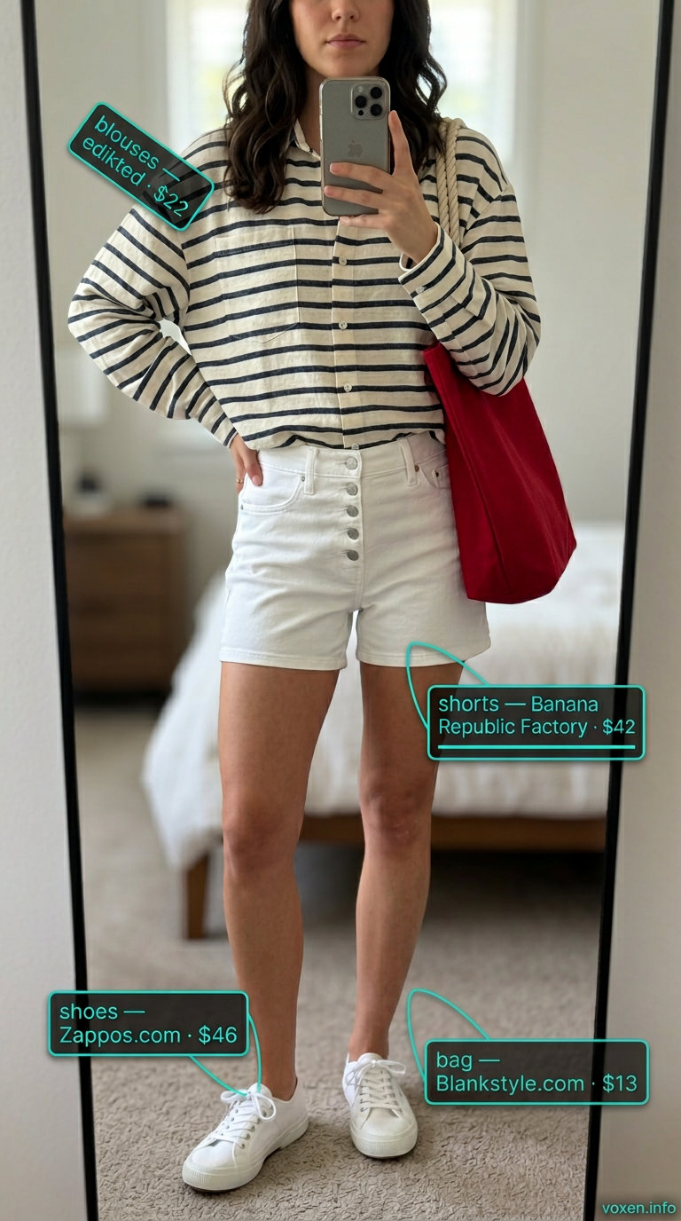 Navy striped button-down blouse with white denim shorts for nautical summer outfits for women 2026.