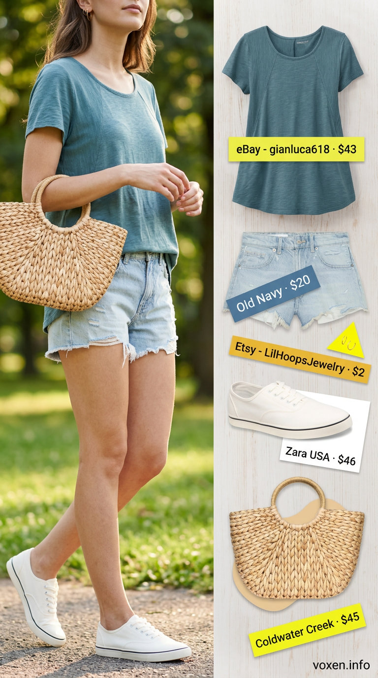Playful picnic outfit: denim shorts, white sneakers, straw bag, and yellow summer blouses for women 2026.