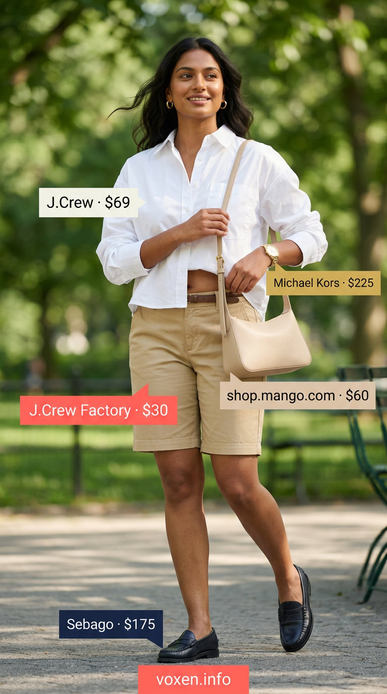 Preppy park picnic outfit: khaki shorts, white cotton blouse, navy loafers, and tan crossbody bag. Summer blouses for women 2026.