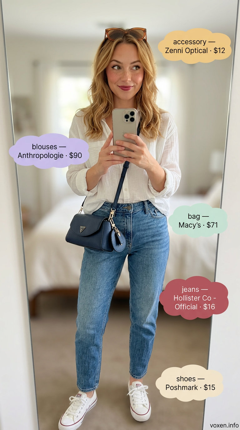 Retro cafe vibe outfit: mom jeans, red sunglasses, navy bag, and versatile summer blouses for women 2026.