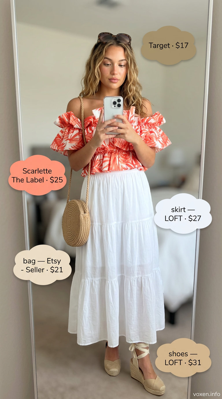 Coral off-shoulder blouse with white maxi skirt for retro summer outfits for women 2026.