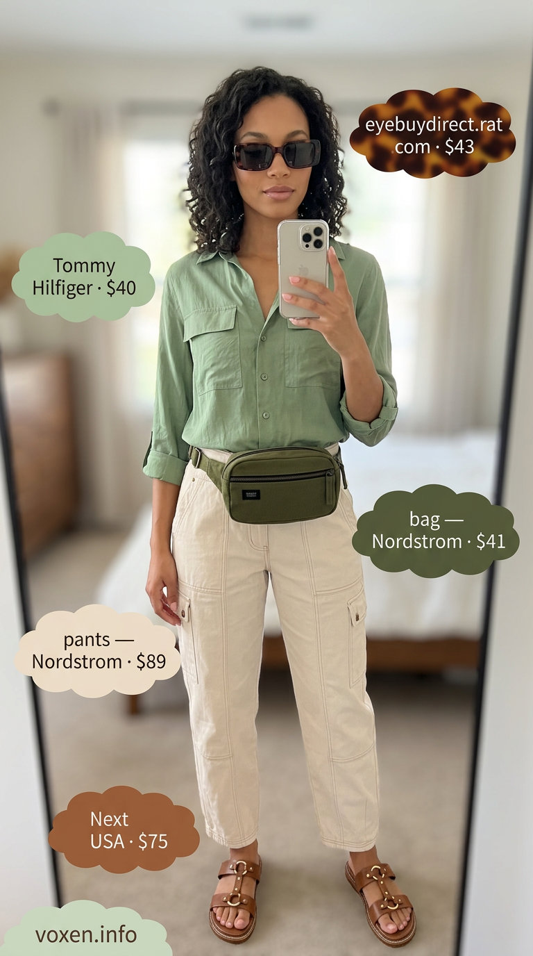 Khaki utility blouse with cream cargo pants for adventurous summer outfits for women 2026.