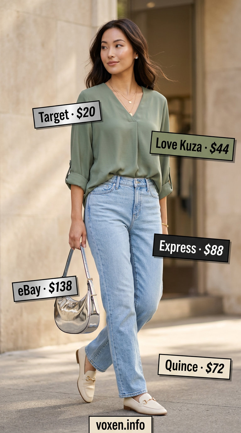 Sage green wrap blouse with light wash denim jeans for casual workdays. Summer blouses for women 2026.