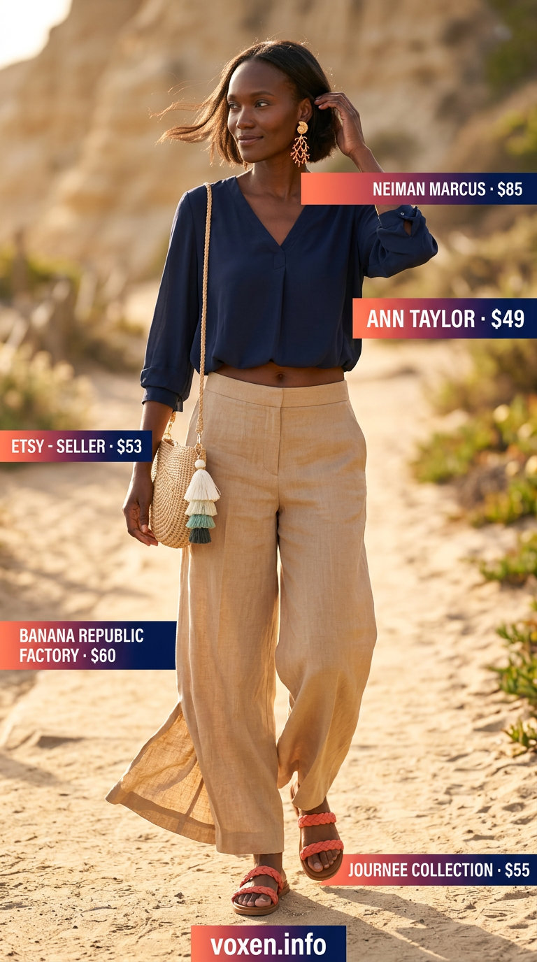 Vibrant tropical getaway outfit: linen pants, coral sandals, statement earrings, and summer blouses for women 2026.