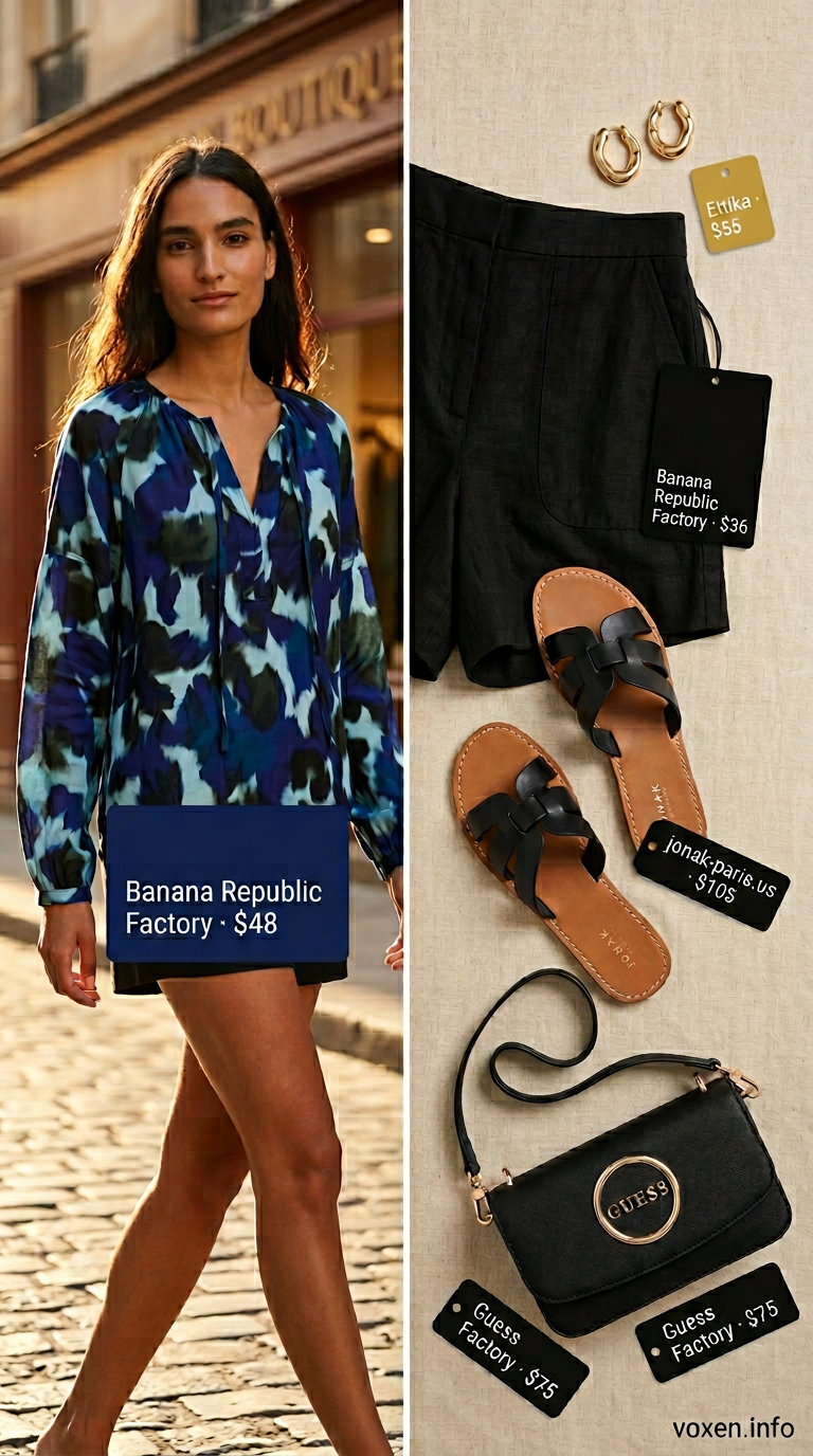 Urban safari chic outfit: khaki shorts, black sandals, gold earrings, and versatile summer blouses for women 2026.