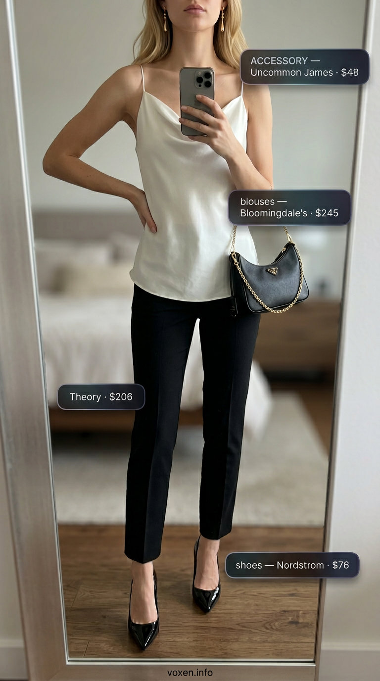 Ivory silk camisole blouse with black trousers for sleek summer outfits for women 2026.