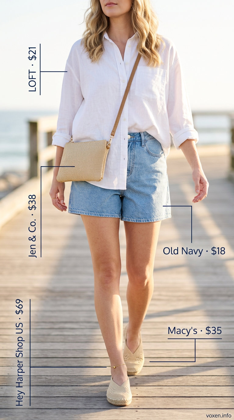 Oversized white linen blouse with light wash denim shorts for coastal getaways. Summer blouses for women 2026.