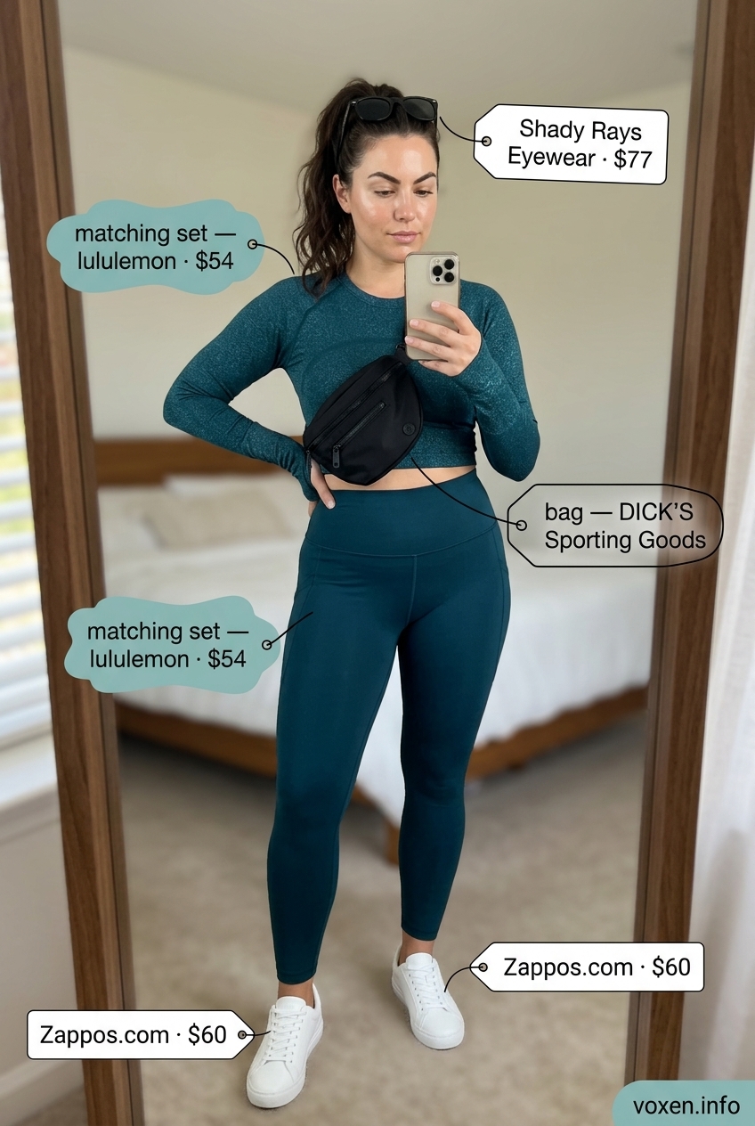 Summer Blue Outfits for Women 2026: Deep teal athleisure set with black belt bag and white sneakers for travel.
