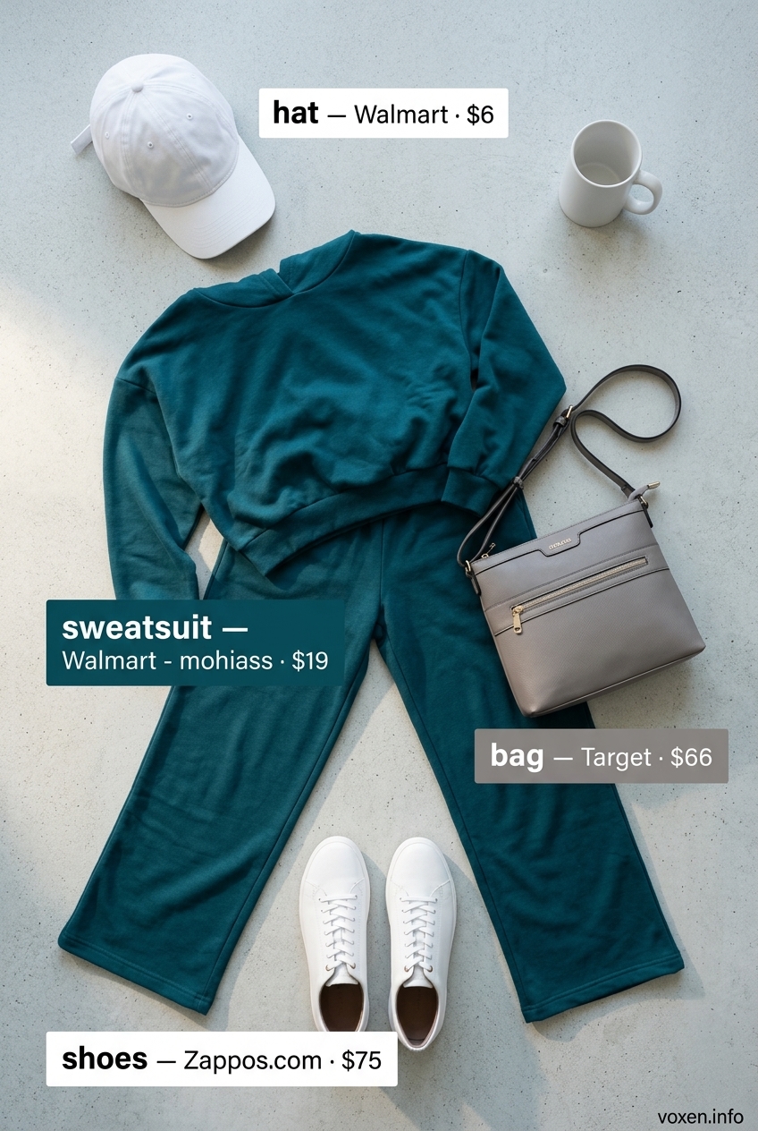 Summer Blue Outfits for Women 2026: Muted dusty blue athleisure set with white sneakers and cap for travel.