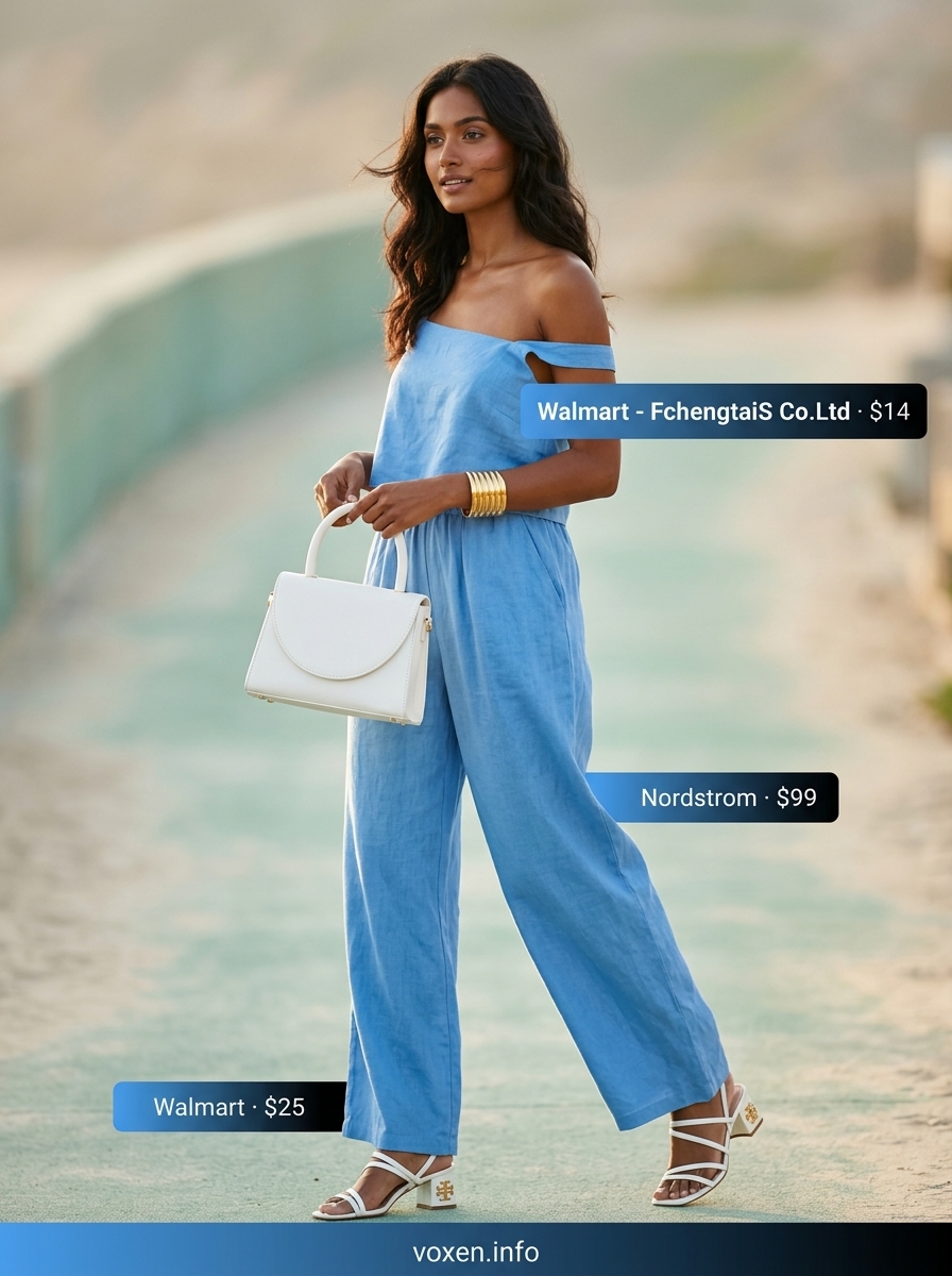 Summer blue outfits for women 2026: Azure blue co-ord set with white sandals and gold jewelry.