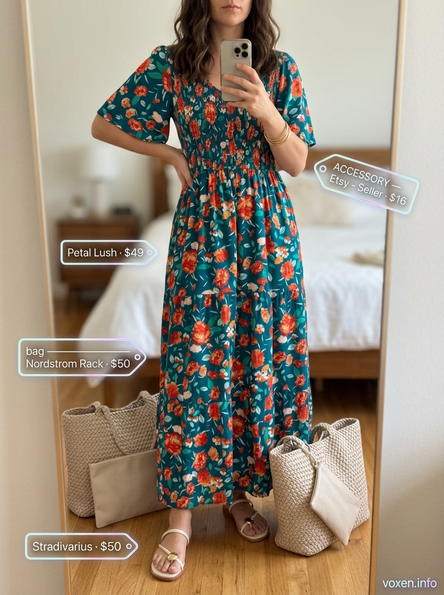 Summer Blue Outfits for Women 2026: Boho teal maxi dress with coral accents, flat sandals, and canvas tote.