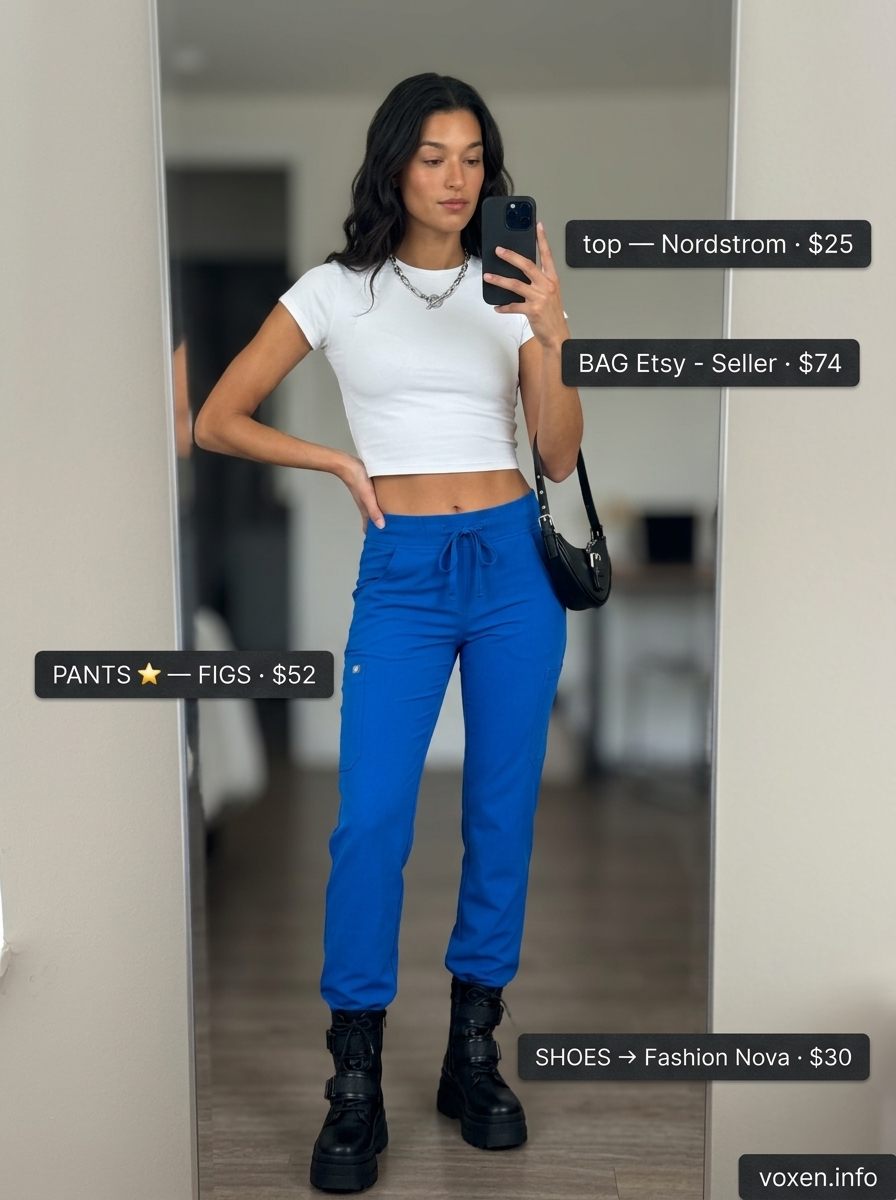 Summer Blue Outfits for Women 2026: Edgy royal blue cargo pants with white crop top and combat boots.
