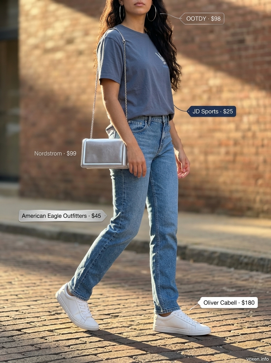 Summer Blue Outfits for Women 2026: Cobalt blue graphic tee with denim jeans, silver hoops, and sneakers for city exploration.