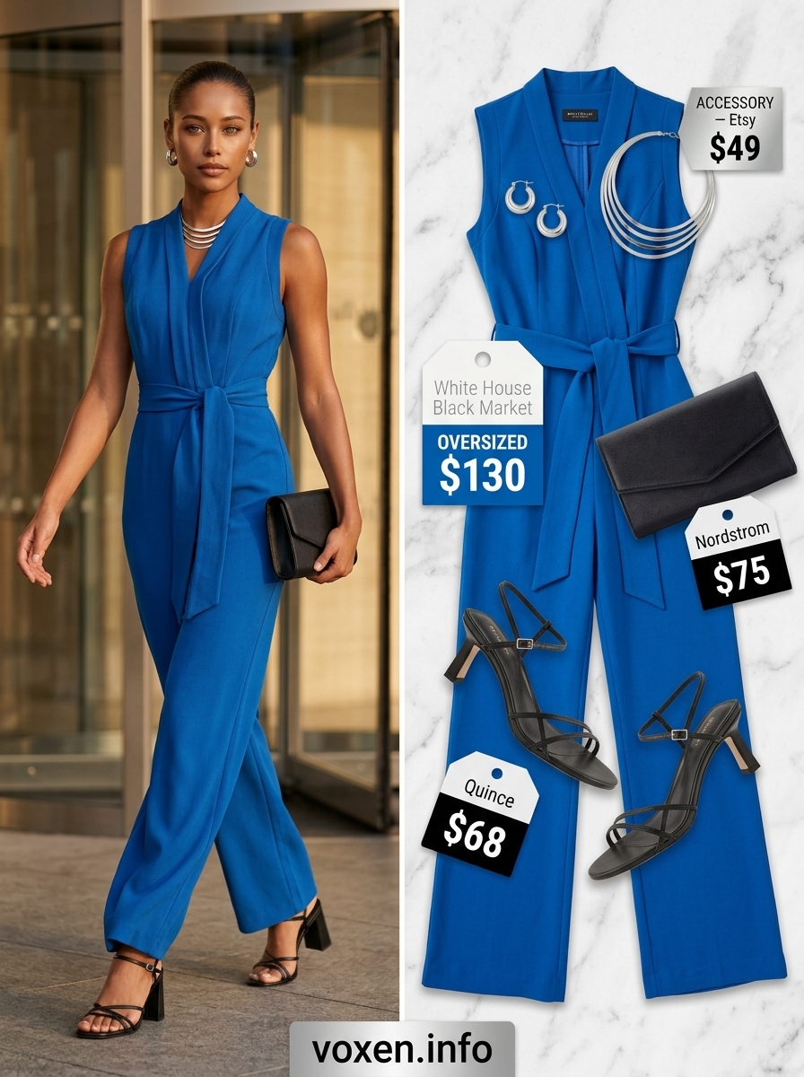 Summer blue outfits for women 2026: Bold cobalt blue wide-leg jumpsuit with black heels.
