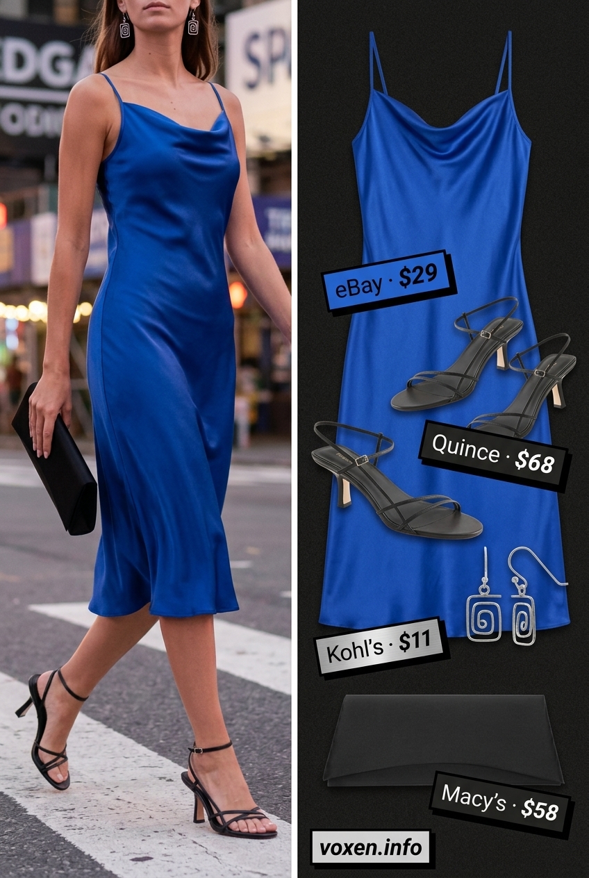 Summer Blue Outfits for Women 2026: Sophisticated cobalt blue satin slip dress with strappy heels.