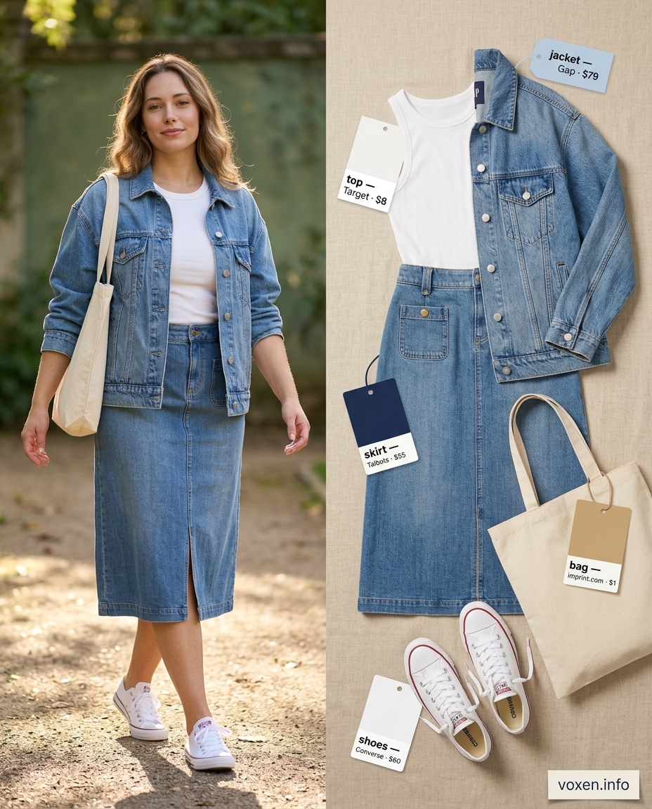 Summer Blue Outfits for Women 2026: Light blue denim midi skirt with white tank, denim jacket, and canvas tote.