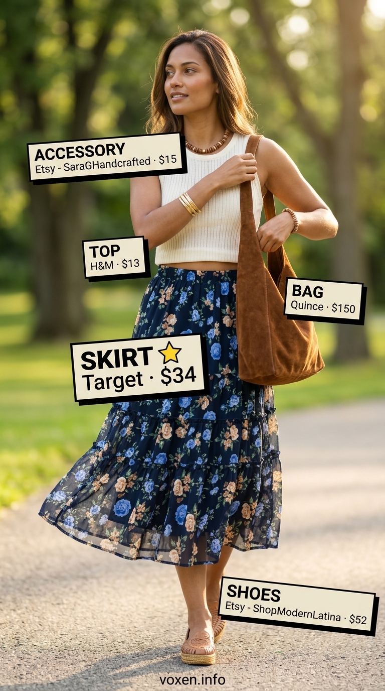 Summer Blue Outfits for Women 2026: Navy floral midi skirt with cream knit top and tan sandals.