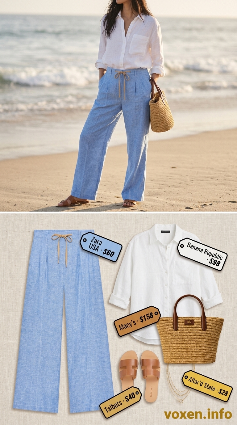 Summer blue outfits for women 2026: Sky blue linen pants and white linen shirt with tan sandals.