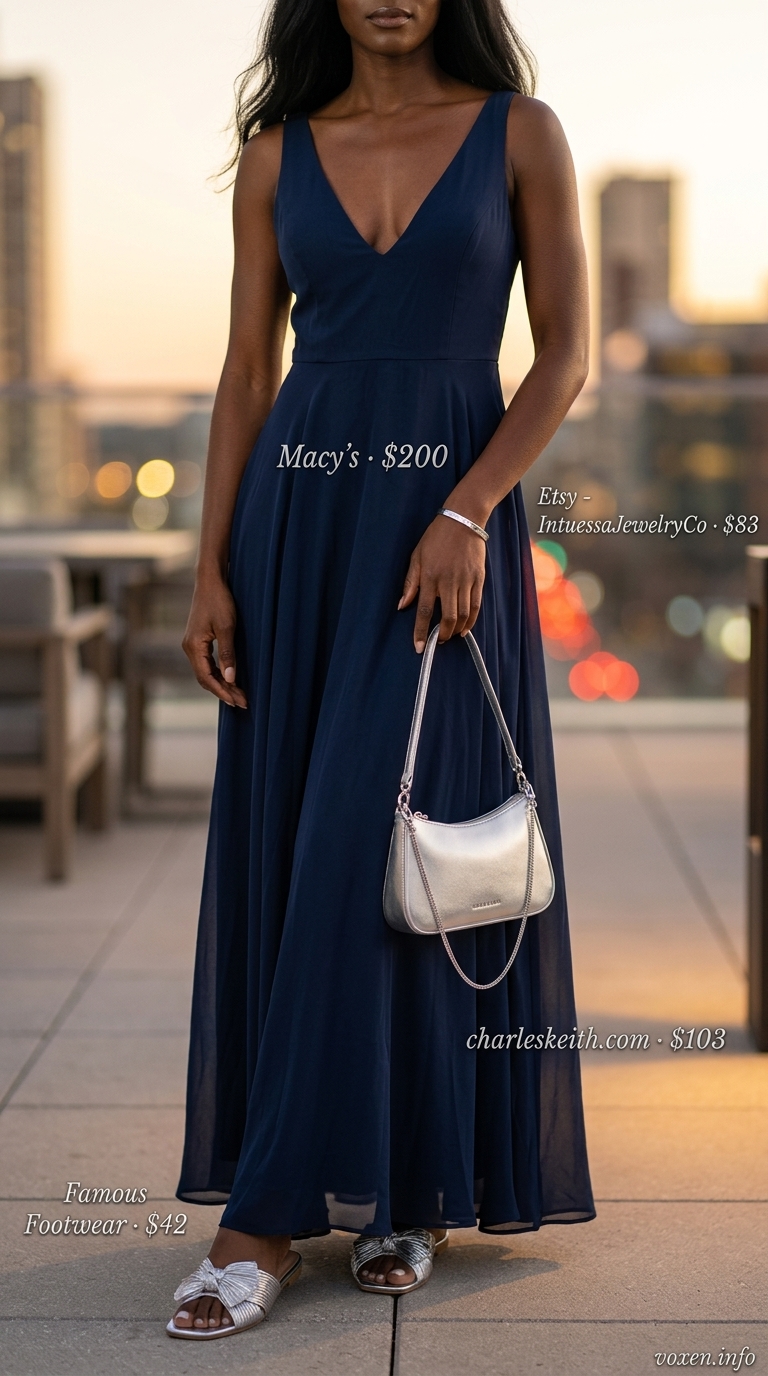 Summer blue outfits for women 2026: Navy blue flowing maxi dress with silver accessories.