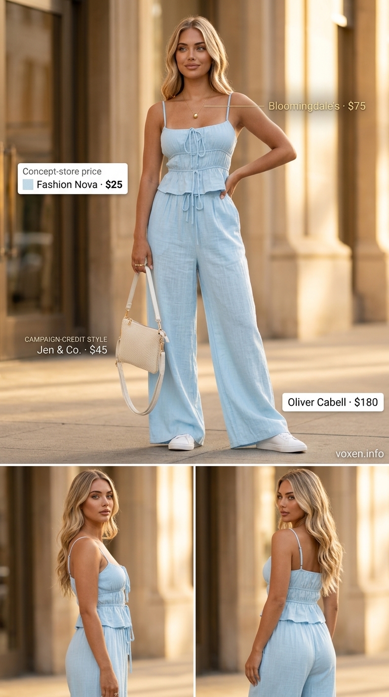 Summer Blue Outfits for Women 2026: Pastel blue linen set with cropped tank, wide-leg pants, and woven bag.