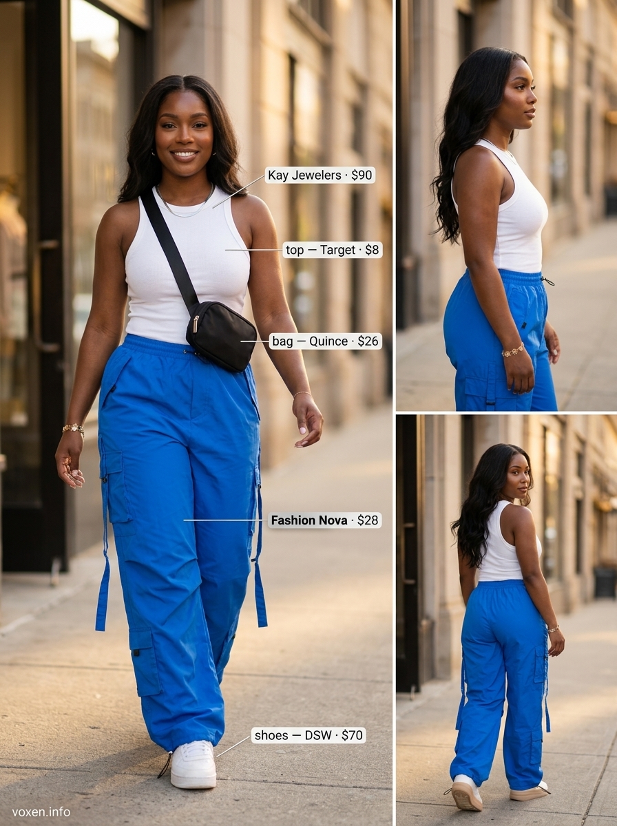 Summer Blue Outfits for Women 2026: Royal blue cargo pants with white tank, chunky sneakers, and utility belt bag.