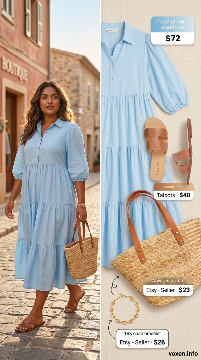Summer blue outfits for women 2026: Sky blue midi dress with straw tote and tan sandals.