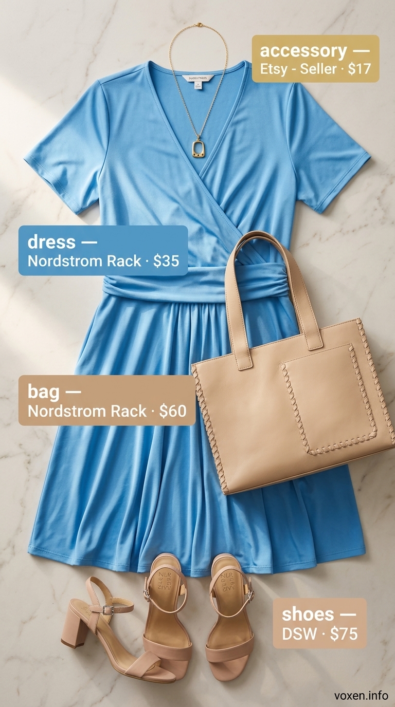 Summer Blue Outfits for Women 2026: Azure blue wrap dress with beige sandals and gold necklace for work casual.