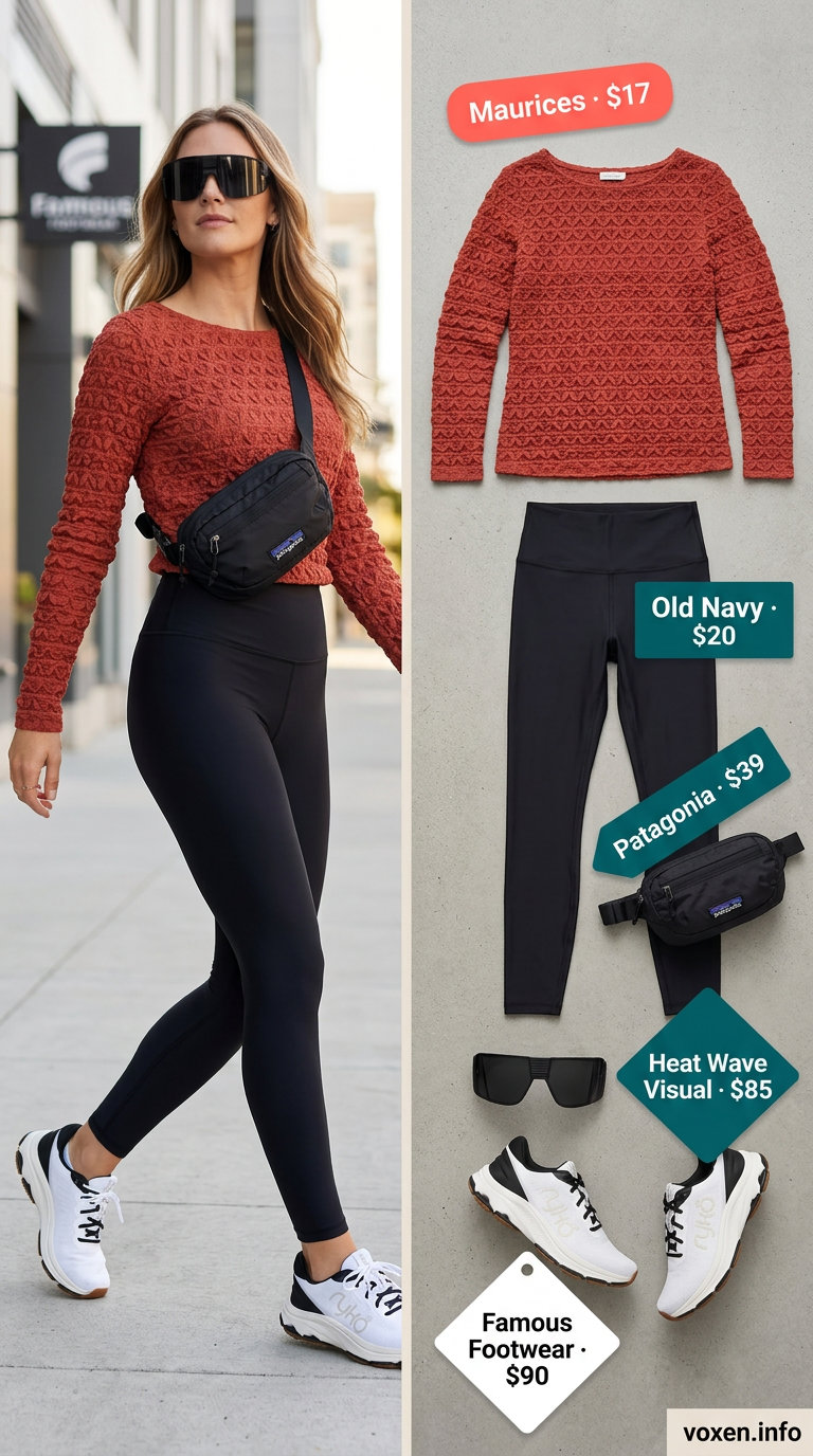 Active summer boat neck outfits for women 2026: Charcoal long-sleeve top, black leggings, sneakers, and belt bag for yoga.